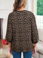 Leopard Print Puffy Bracelet Sleeve Contrast Trim Round Neck Top