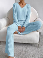 Ribbed Knit V-Neck Top and Pants Set
