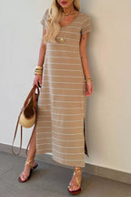 Casual Striped Side Slit Midi Dress