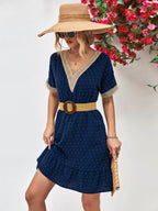 V-Neck Swiss Dot Ruffle Hem Mini Dress