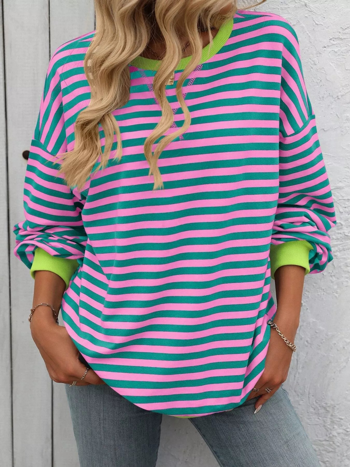 Striped Round Neck Dropped Shoulder Sweatshirt