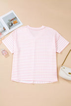 Plus Size Stripe Plus Size V Neck Exposed Seam Patchwork T Shirt