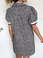 Leopard Print Contrast Striped Trim Polo Collar Short Sleeve Dress with Pockets