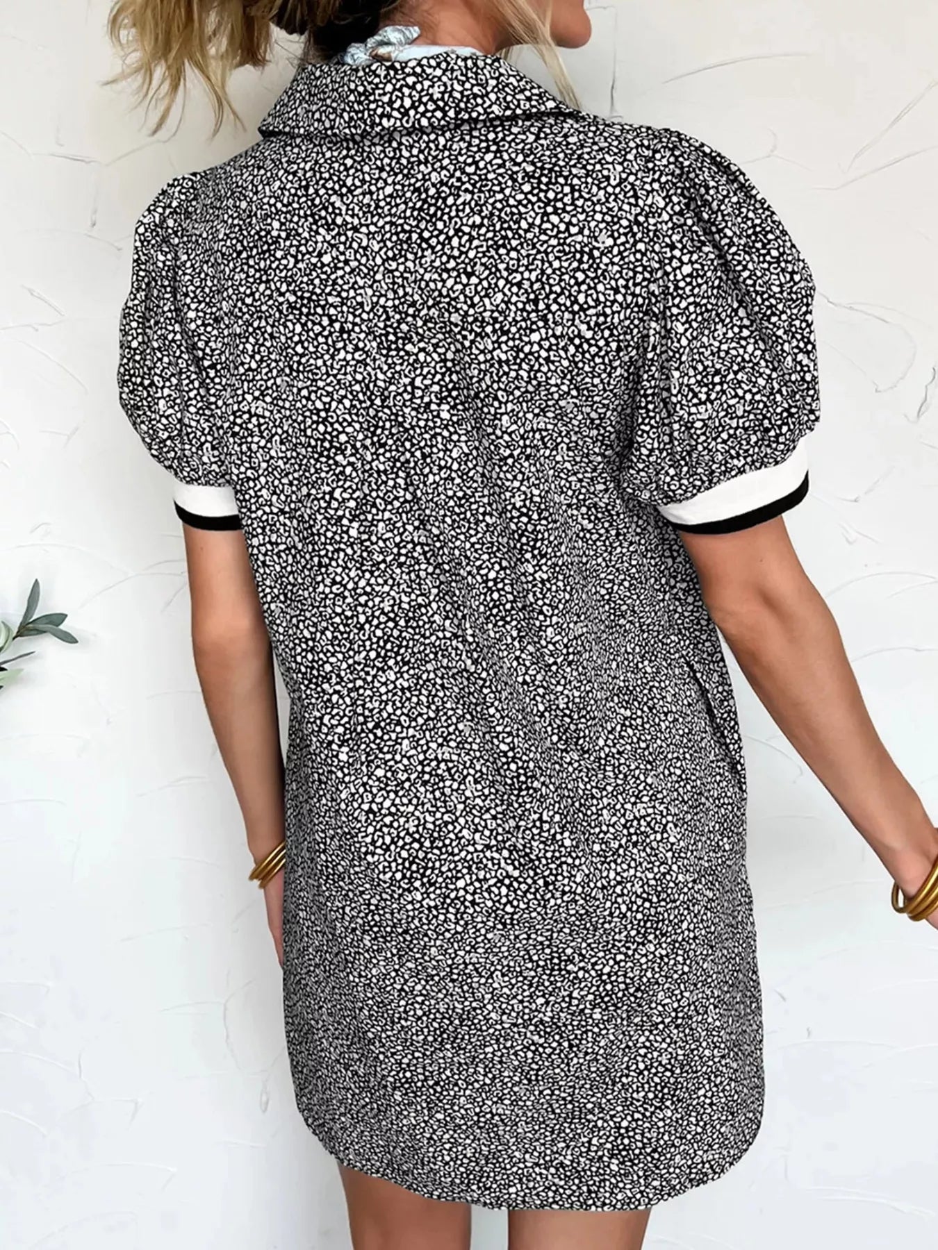 Leopard Print Contrast Striped Trim Polo Collar Short Sleeve Dress with Pockets