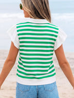 Stripe Collar V Neck Ruffled Short Sleeve Blouse