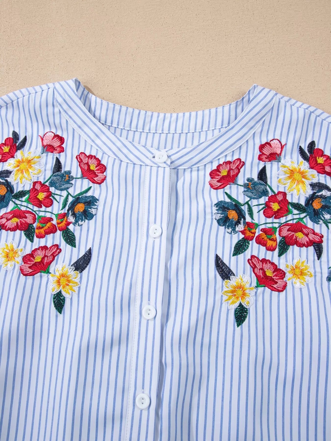 Stripe Floral Embroidered Billowy Sleeve Tunic Baggy Shirt