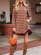 Plaid Print Ruffled Long Sleeve Patchwork Hem Mini Shirt Dress
