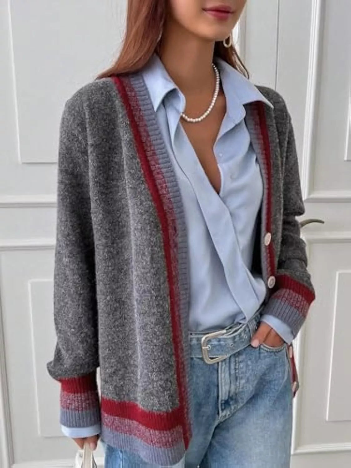 Striped Trim Button-Up Knit Cardigan