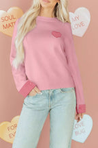Plaid Heart Embroidered Cuffed Drop Shoulder Crew Neck Sweater