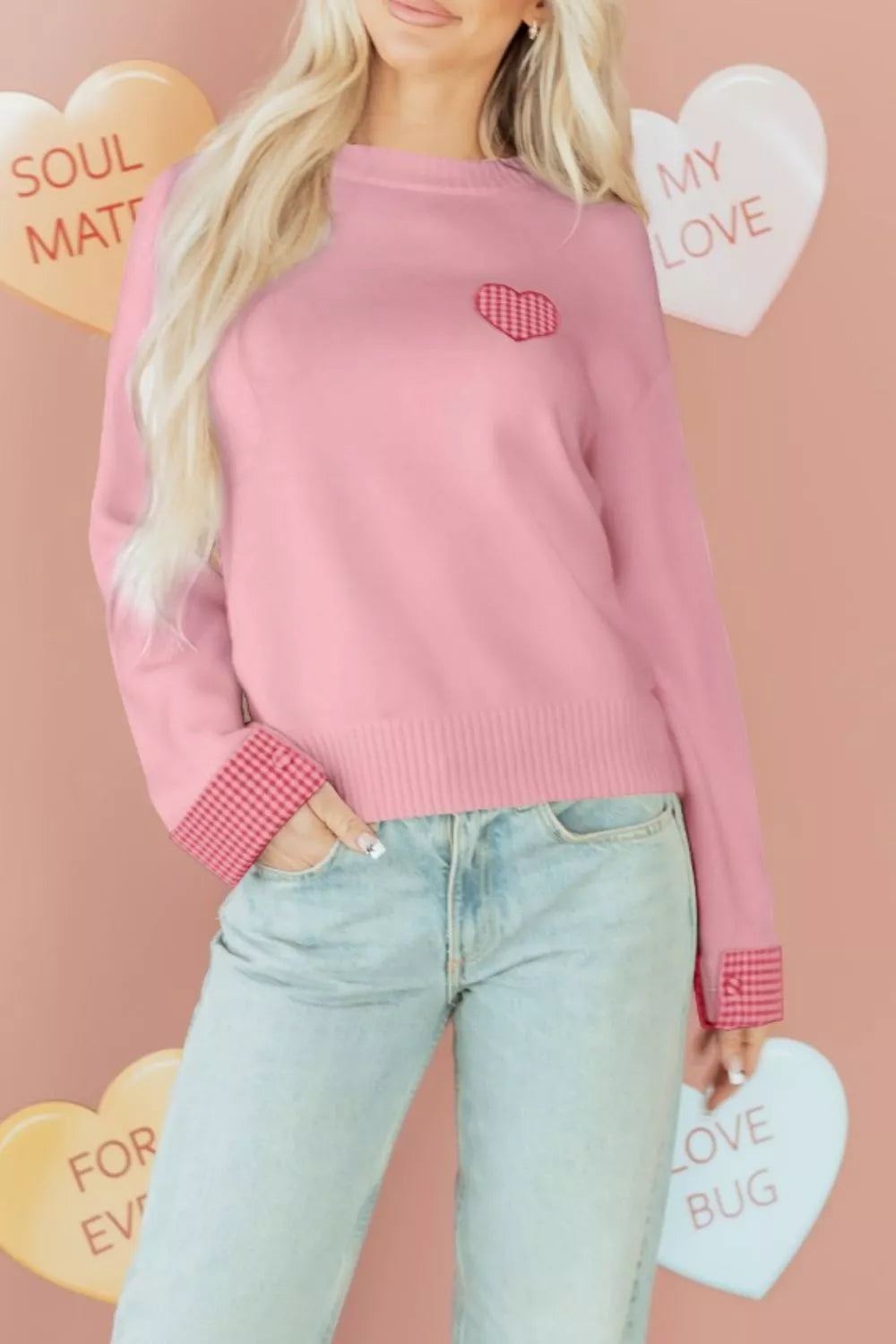 Plaid Heart Embroidered Cuffed Drop Shoulder Crew Neck Sweater