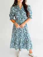 Floral Print Midi Dress with Puff Sleeves