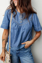 Pleated Detail Half Button Short Sleeve Denim Top