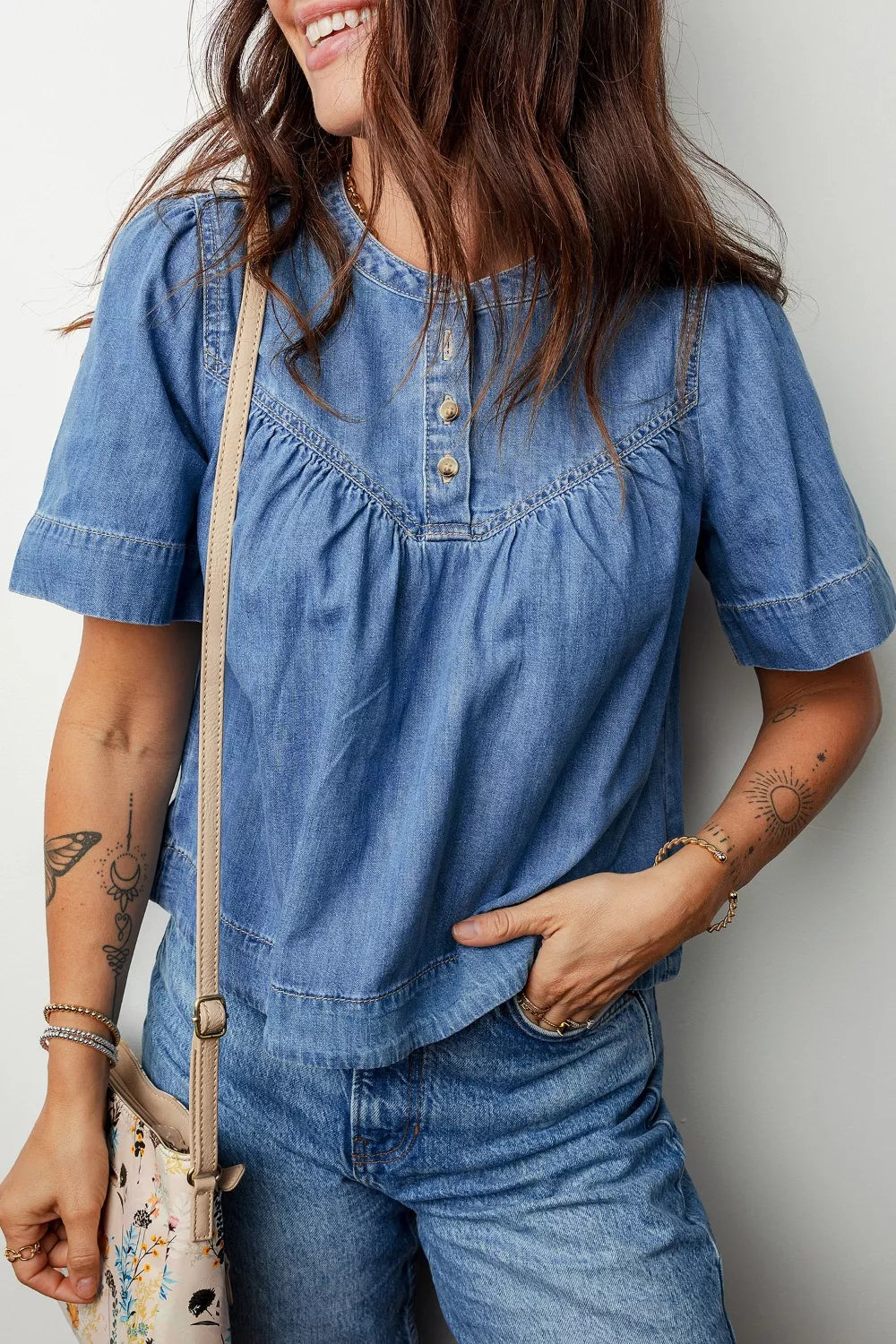 Pleated Detail Half Button Short Sleeve Denim Top