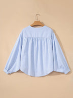 Stripe Floral Embroidered Billowy Sleeve Tunic Baggy Shirt