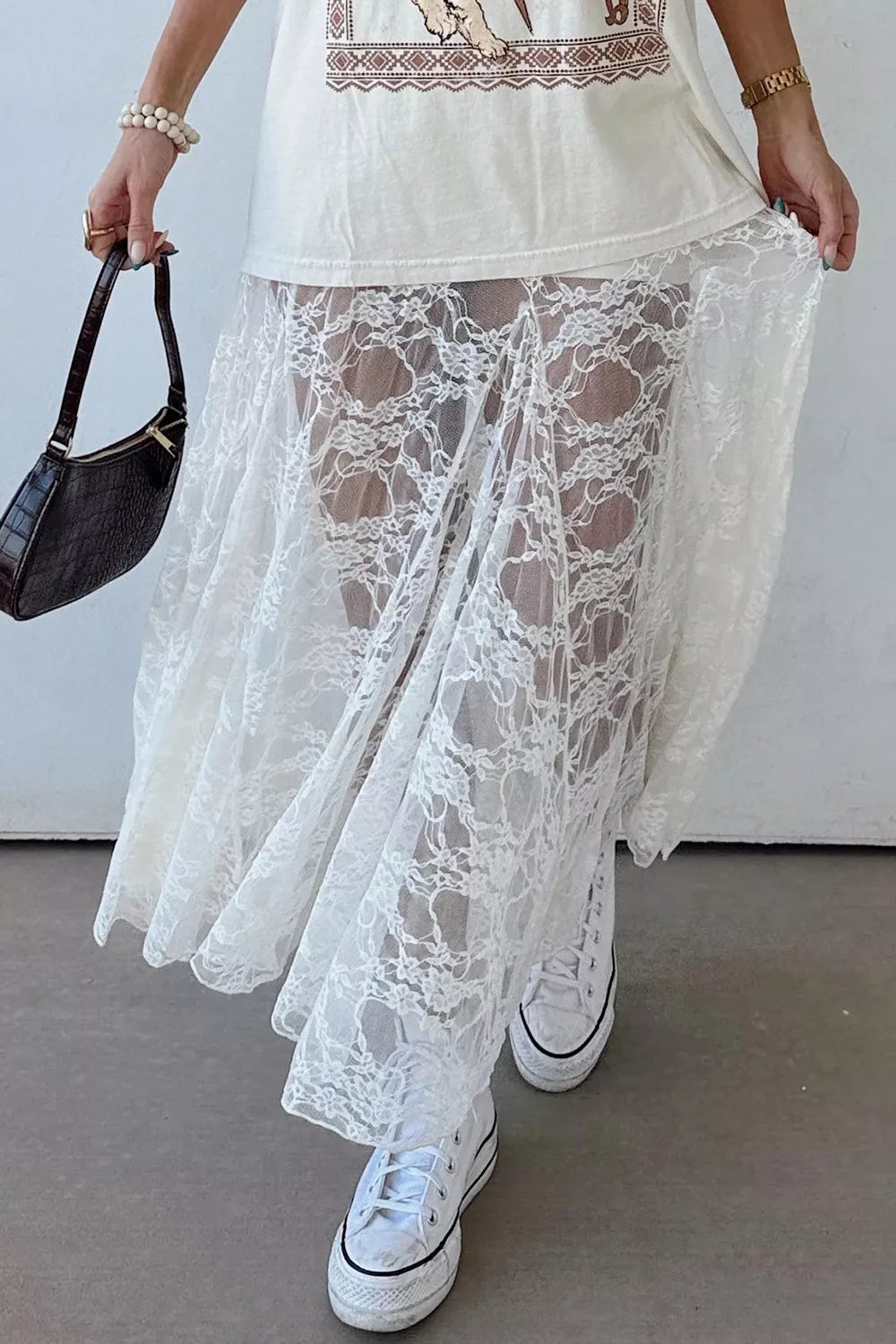 Sheer Floral Lace Flowy Maxi Skirt
