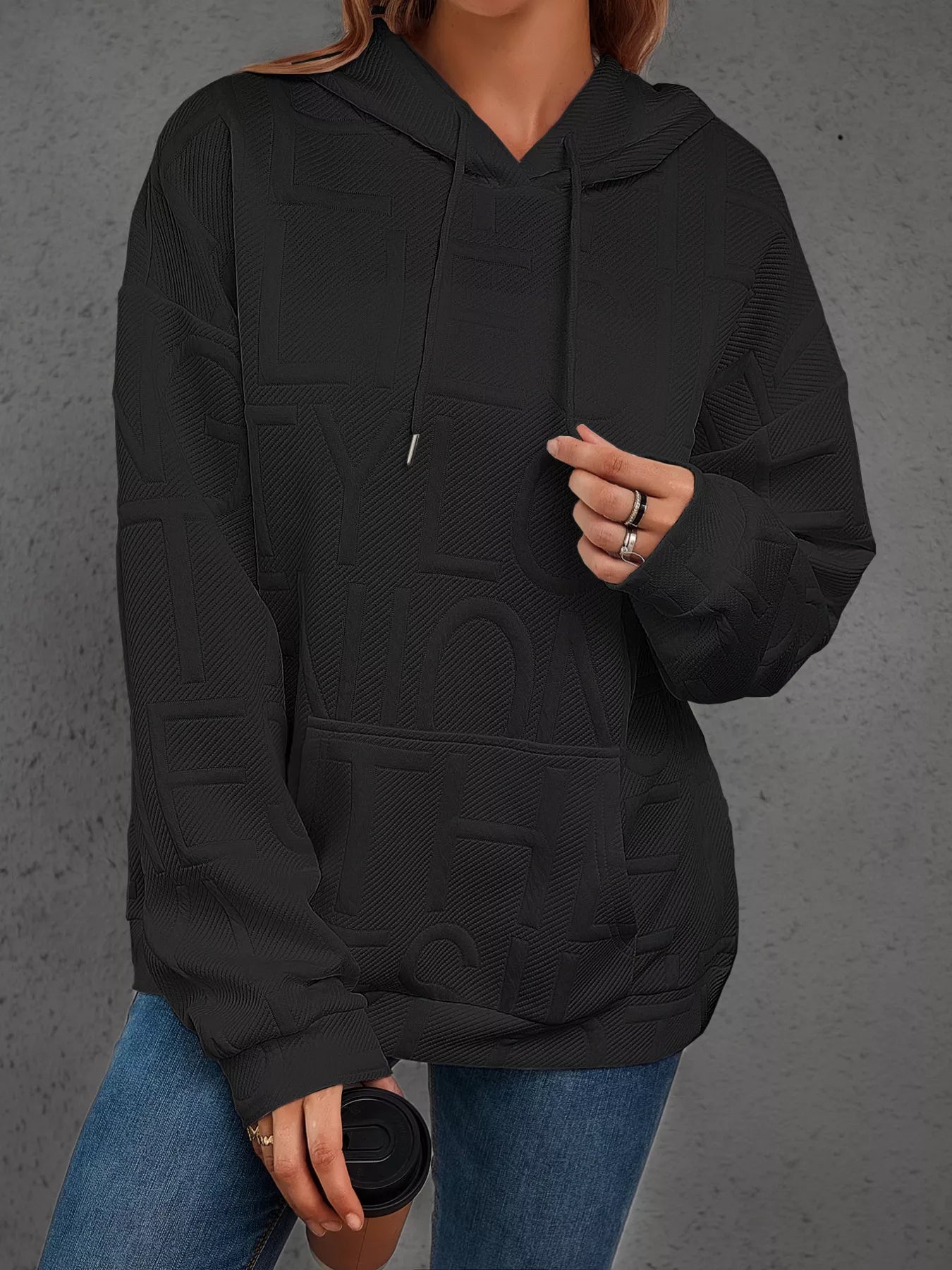 Full Size Textured Embossed Long Sleeve Hoodie Plus Size