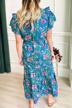 Floral Flutter Sleeve Button Tie Split Neck Belted Dress
