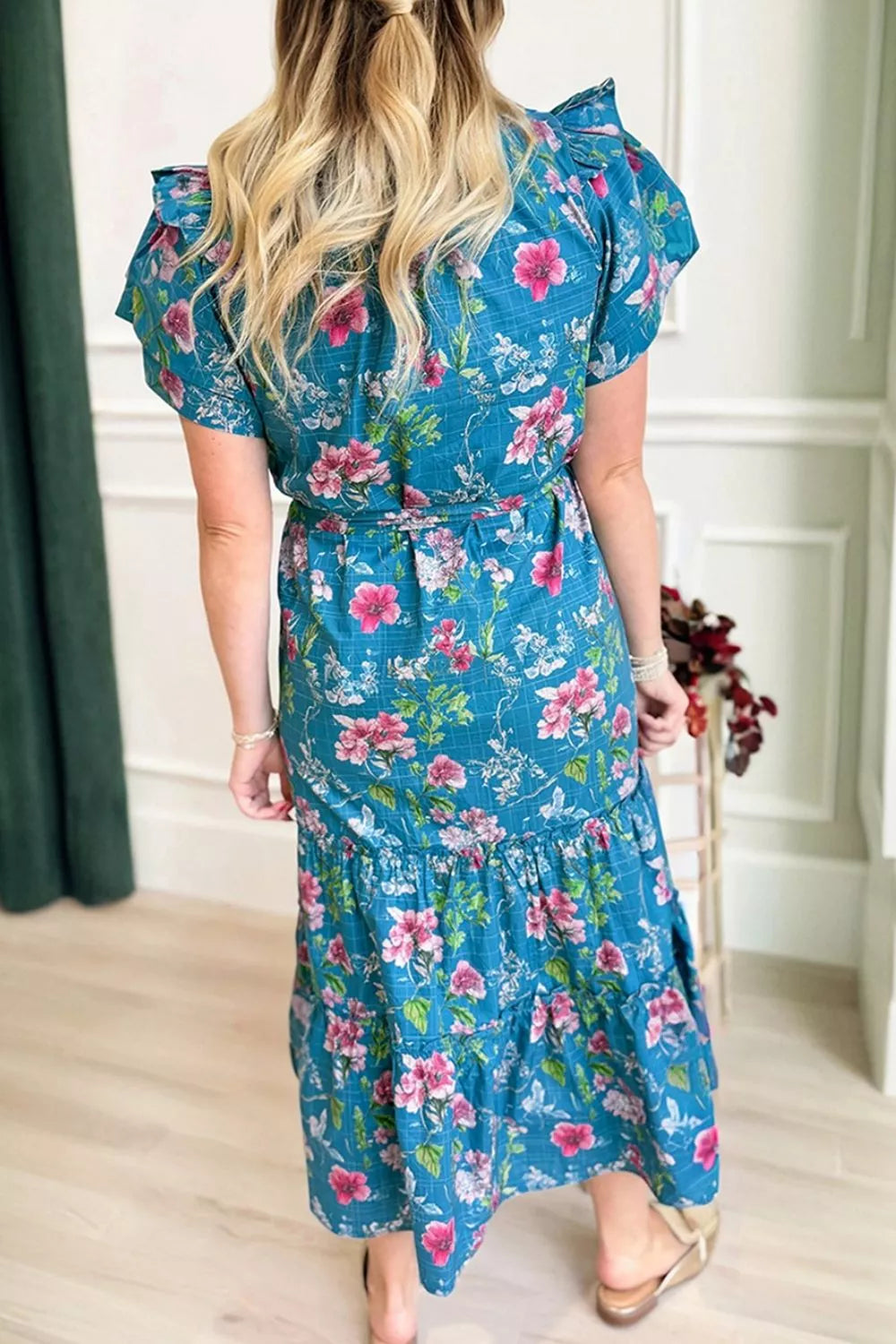 Floral Flutter Sleeve Button Tie Split Neck Belted Dress