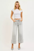 RISEN Tummy Control Mid Rise Crop Wide Pintuck Front Jeans