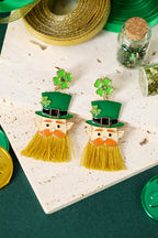 Green St Patricks Day Clover Leprechaun Tassel Drop Earrings