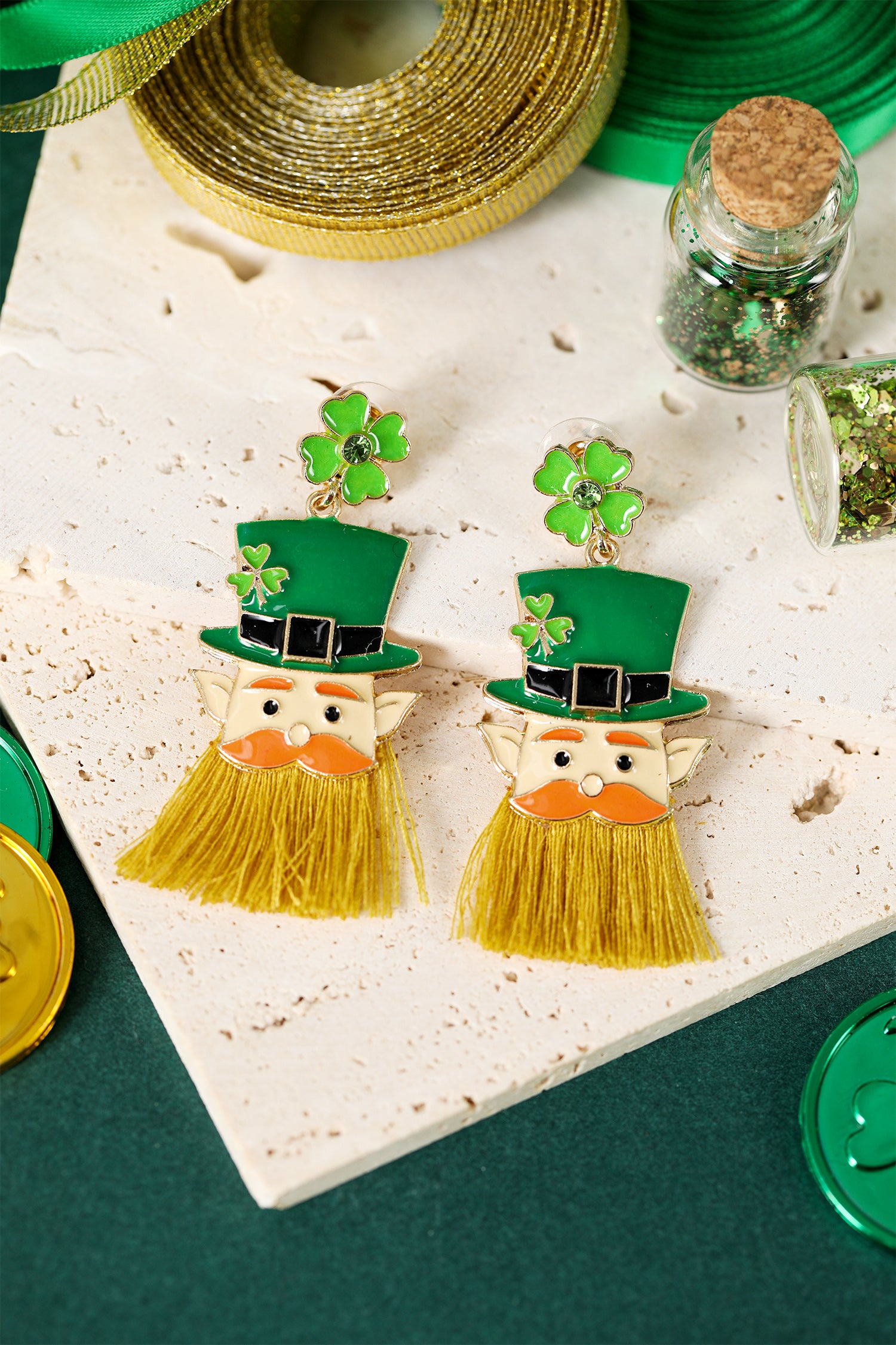 Green St Patricks Day Clover Leprechaun Tassel Drop Earrings