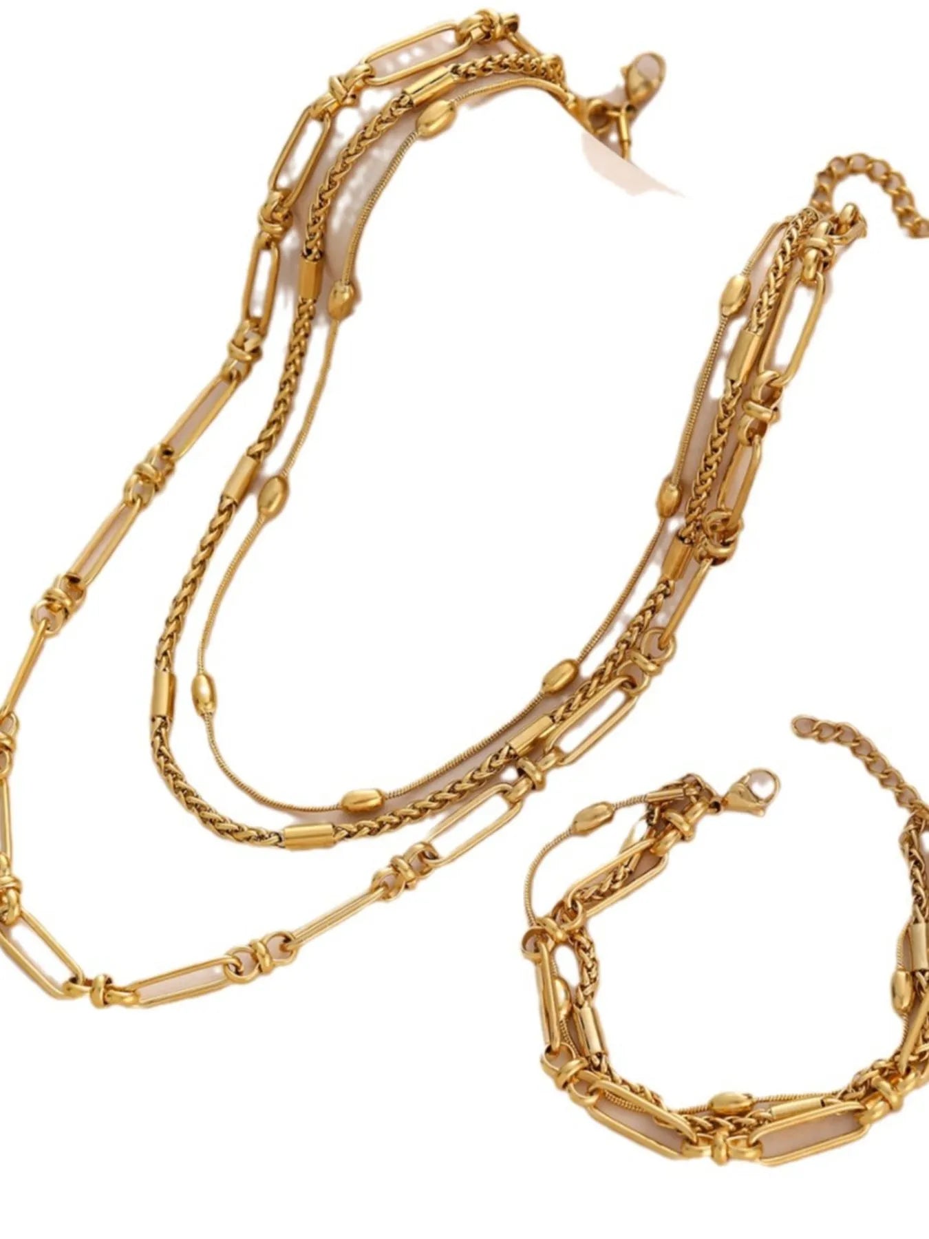 18K Gold-Plated Layered Chain Necklace and Bracelet Jewelry Set