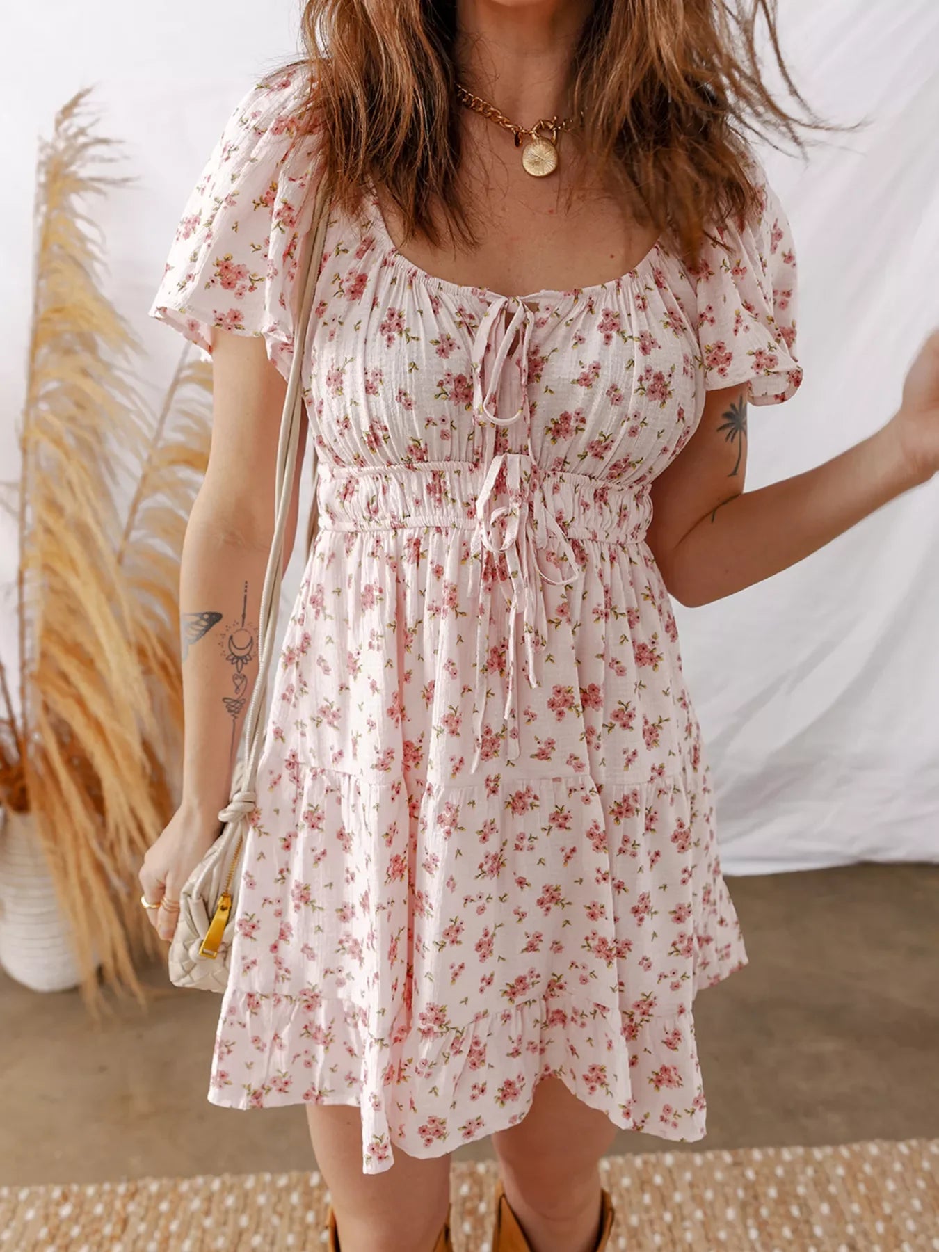 Front Tie Shirred Waist Short Sleeve Ruffled Floral Mini Dress