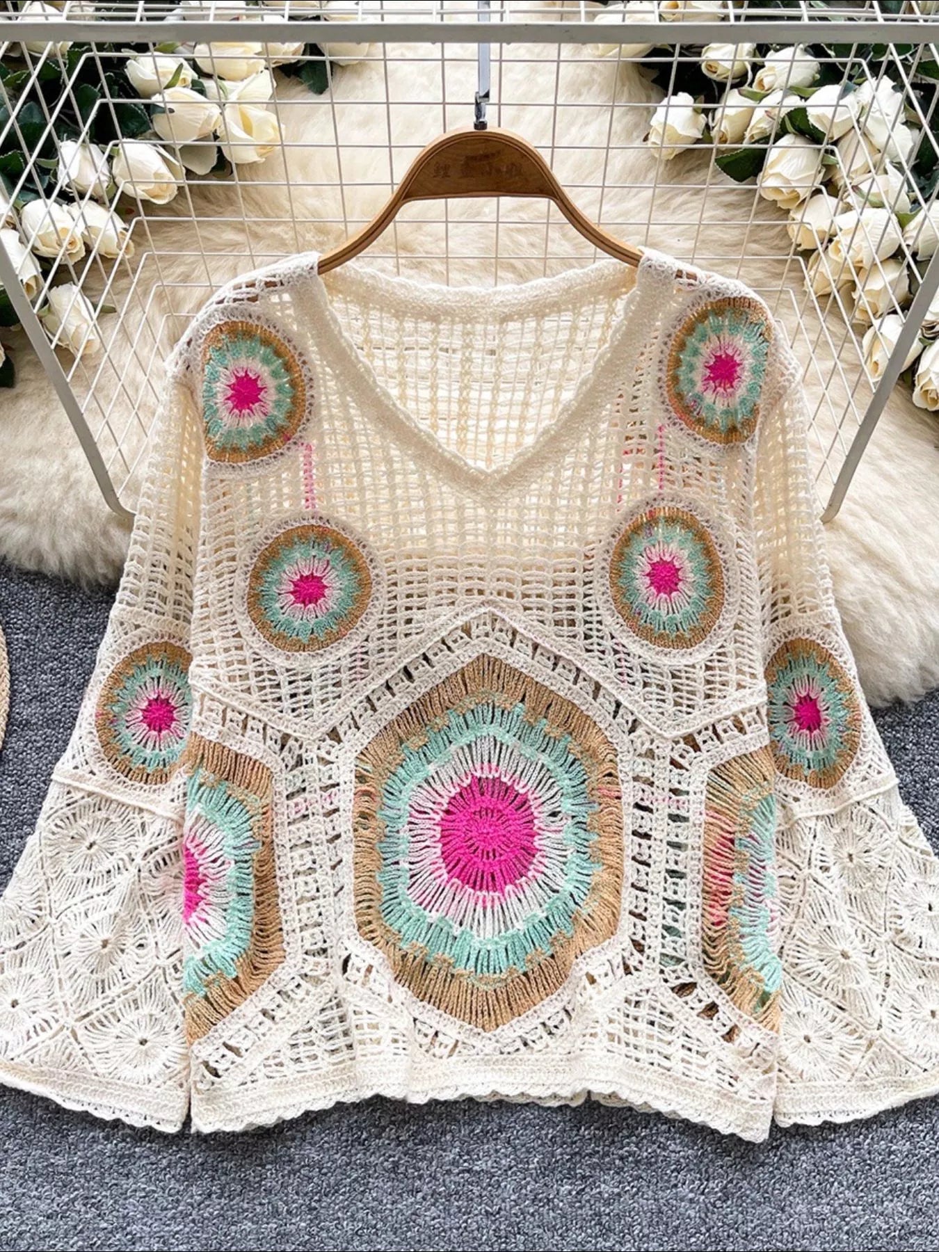 Crochet V-Neck Knit Cover Up