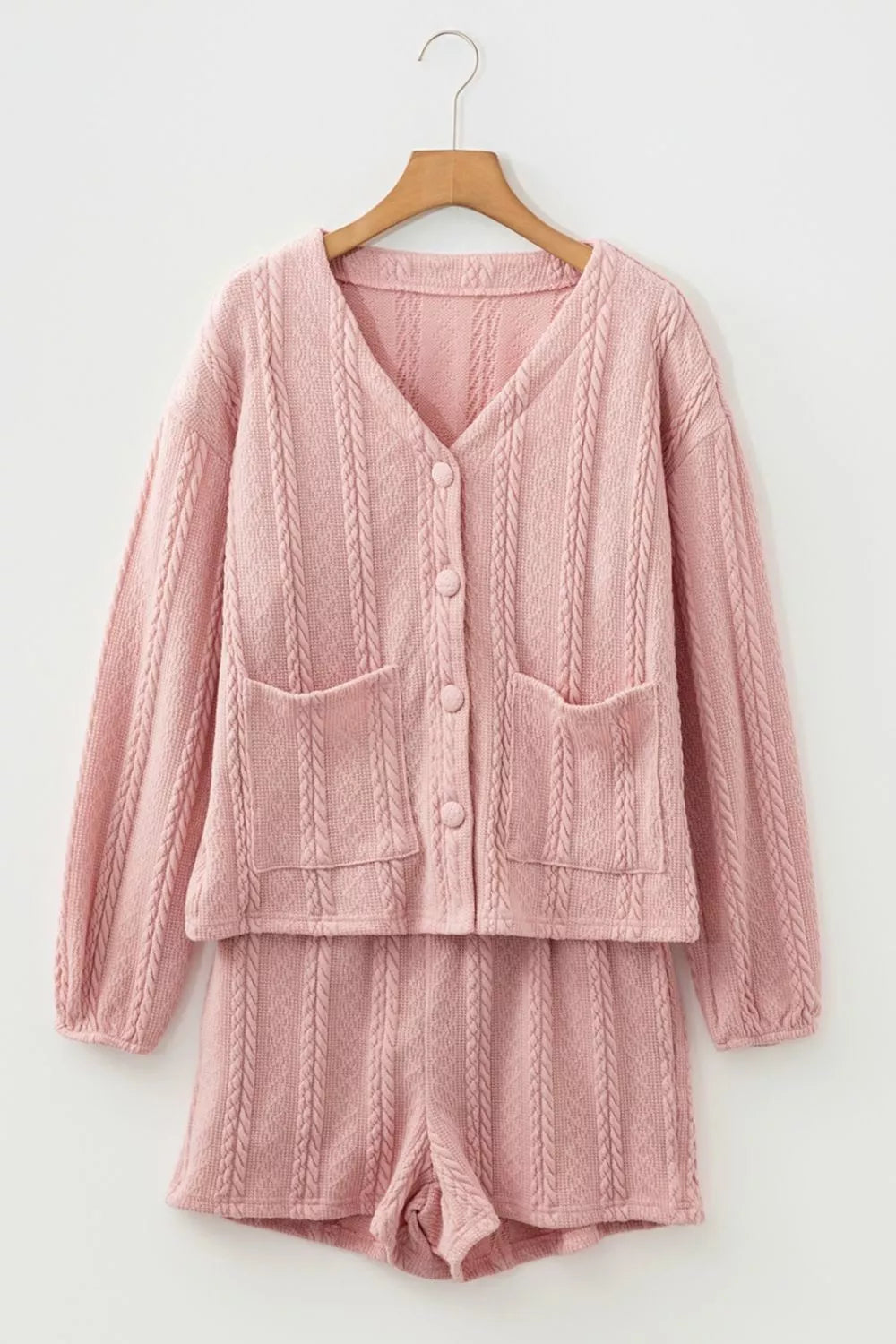 Cable Knit V Neck Cardigan and Shorts Set