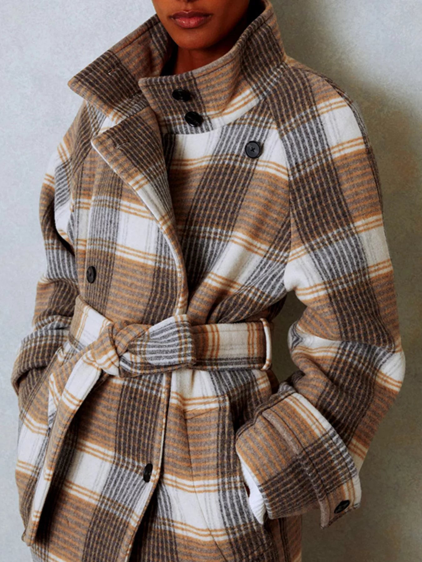 Plaid Tie Waist Double-Breasted Coat