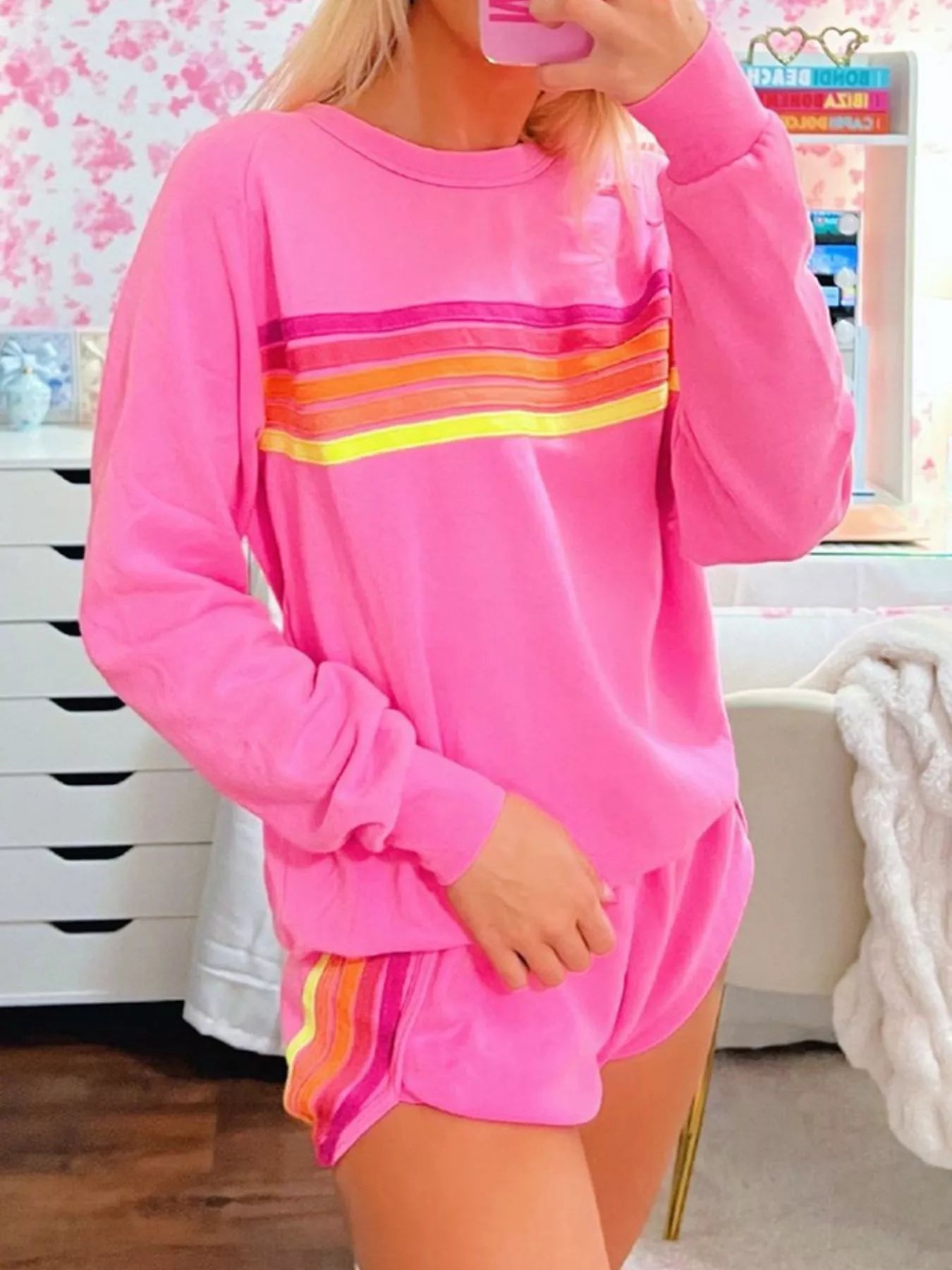 Striped Round Neck Sweatshirt and Shorts Set