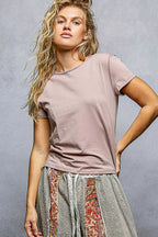 POL Contrast Stitching Round Neck Short Sleeve T-Shirt