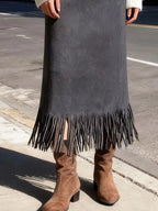 Suede Fringe Midi Skirt