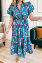 Floral Flutter Sleeve Button Tie Split Neck Belted Dress