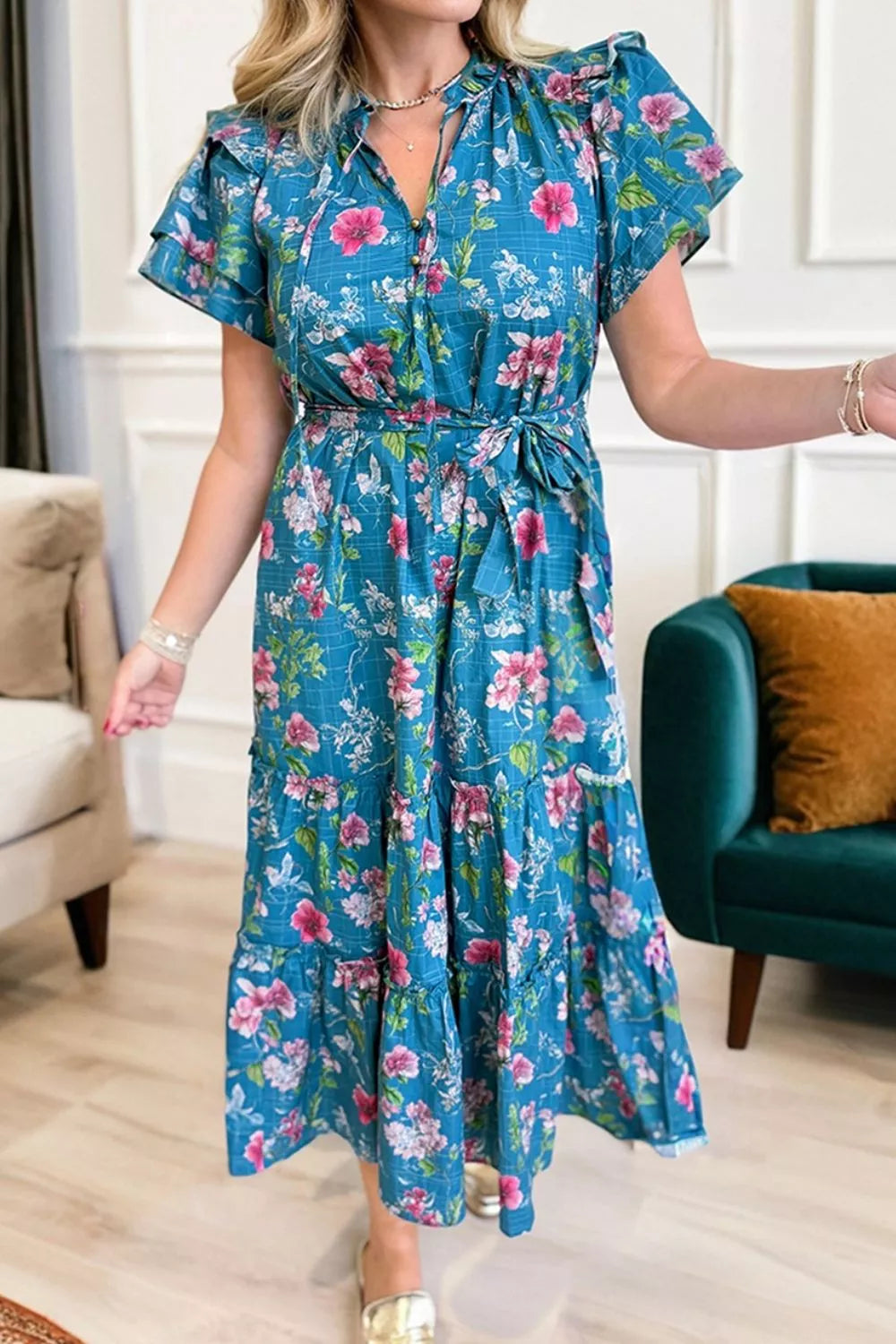 Floral Flutter Sleeve Button Tie Split Neck Belted Dress