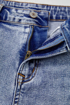 Pearl Studded Pockets Raw Hem Denim Shorts