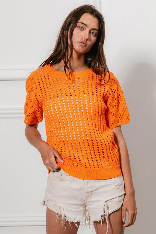 BiBi Crochet Knit Cover Up With Puff Sleeves