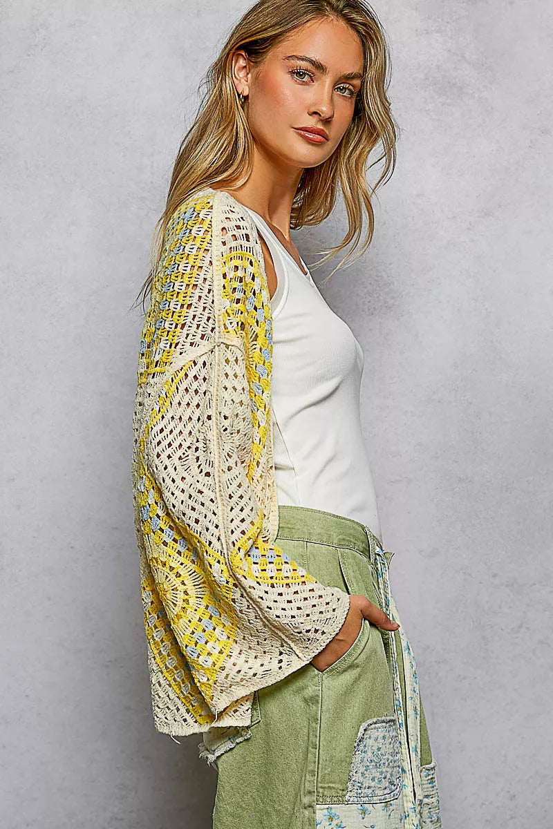 POL Open Front Crochet Cardigan with Granny Square Pattern