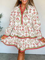 Floral Print Contrast Trim Frilled Neck Long Sleeve Flared Dress