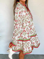 Floral Print Contrast Trim Frilled Neck Long Sleeve Flared Dress