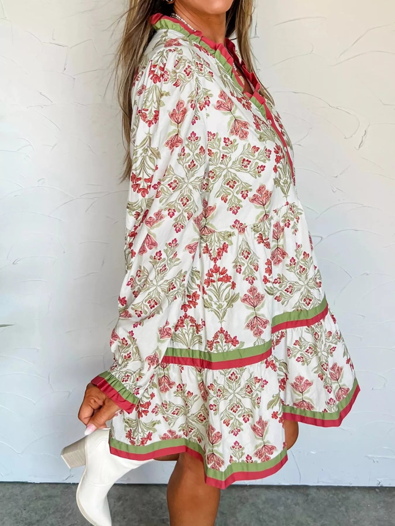 Floral Print Contrast Trim Frilled Neck Long Sleeve Flared Dress