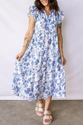 Ruffled Short Sleeve Tiered Floral Midi Dress