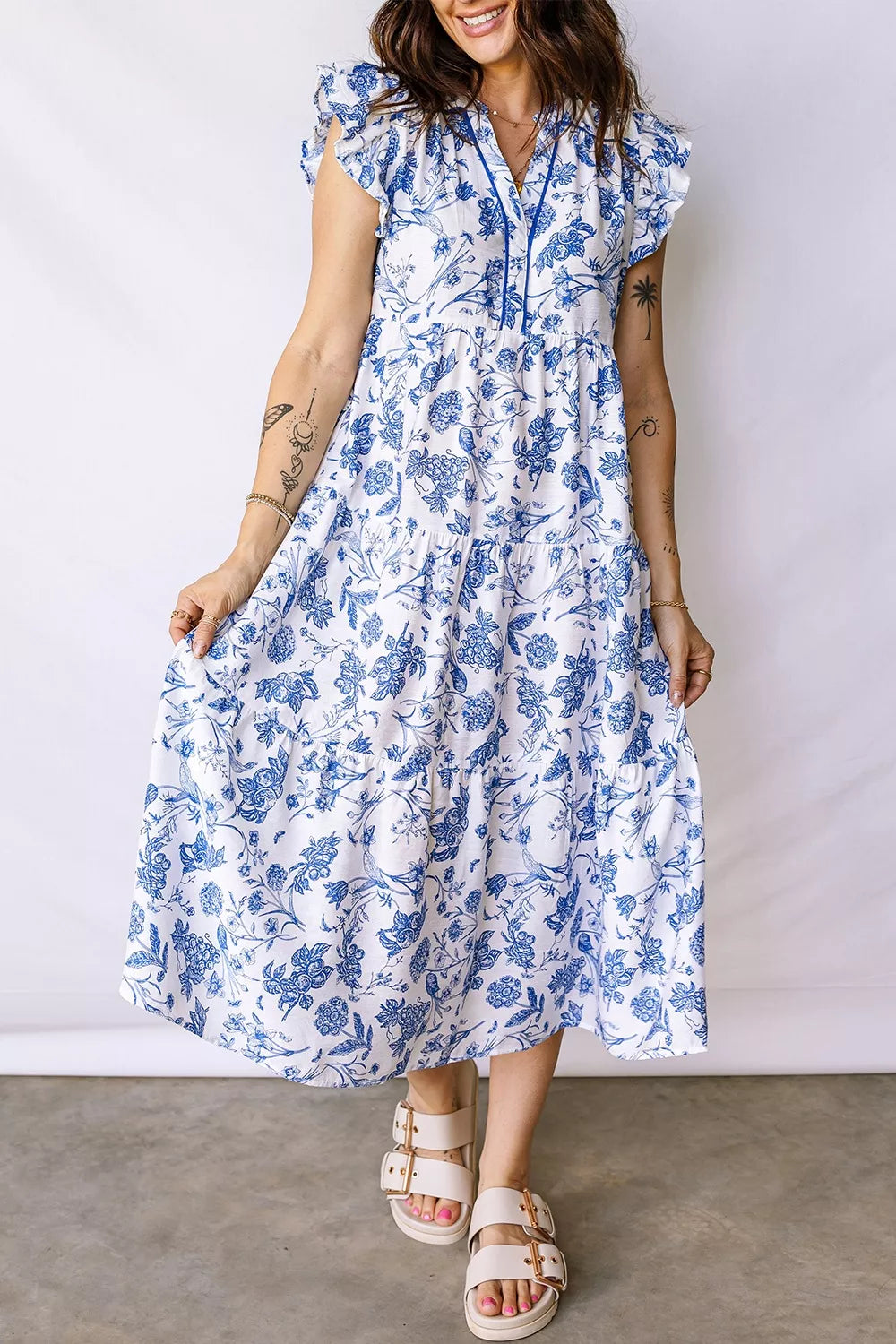 Ruffled Short Sleeve Tiered Floral Midi Dress