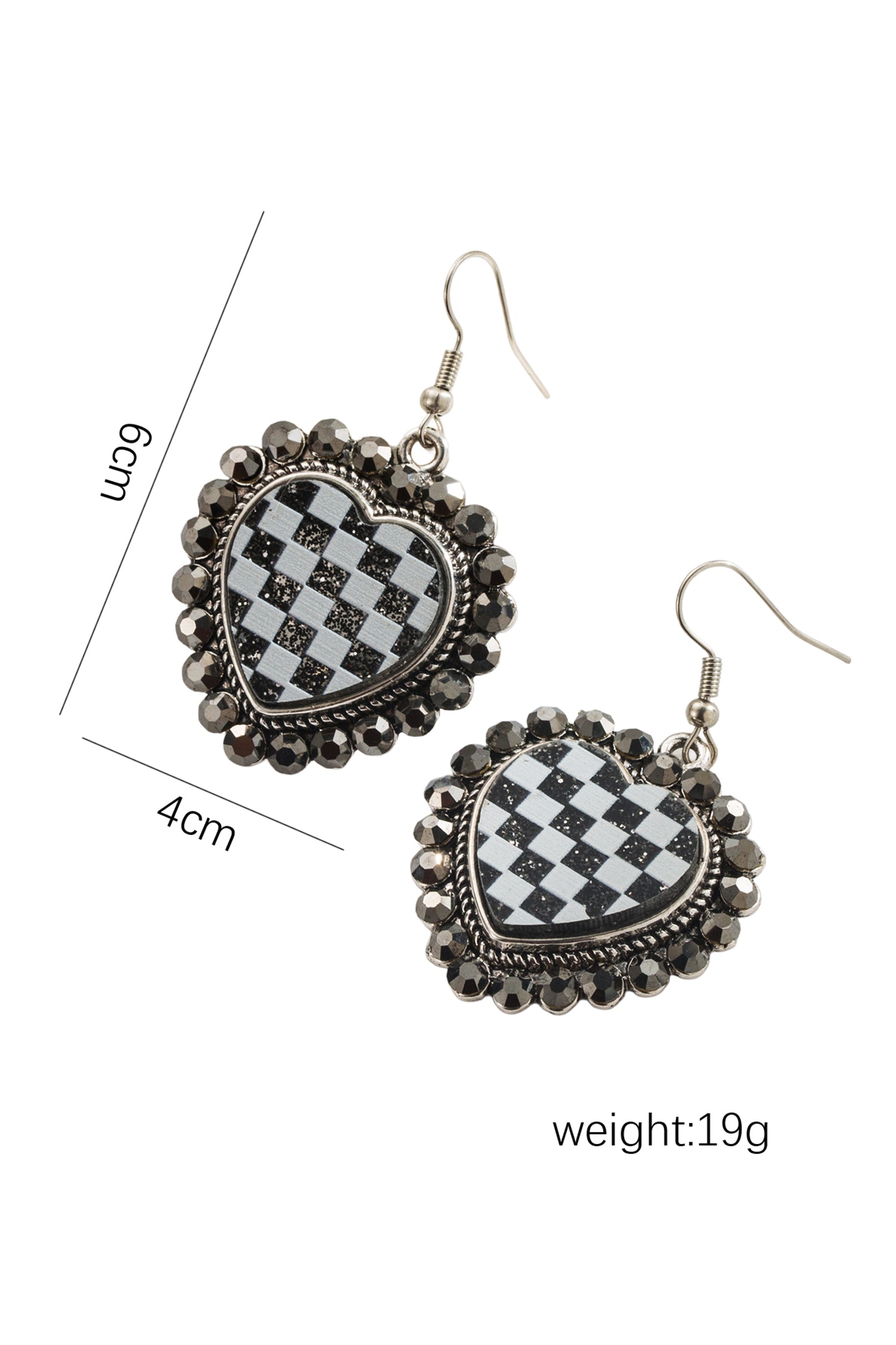Black Crystal Checkered Heart Studded Trim Vintage Earrings