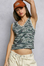 POL Studded Camouflage V-Neck Cropped Tank