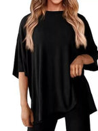 Relaxed Fit Round Neck Top and Pants Two-Piece Set