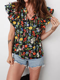 Tiered Flutter Sleeve V Neck Flower Blouse