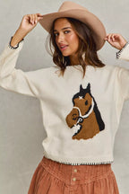 SO ME Horse Knit Sweater Top with Blanket Stitch