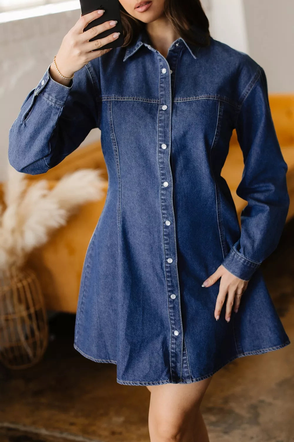 Denim Shirt Collar Long Sleeve Flared Mini Dress