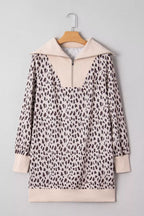 Leopard Print Zip up Collar Patchwork Shift Mini Dress